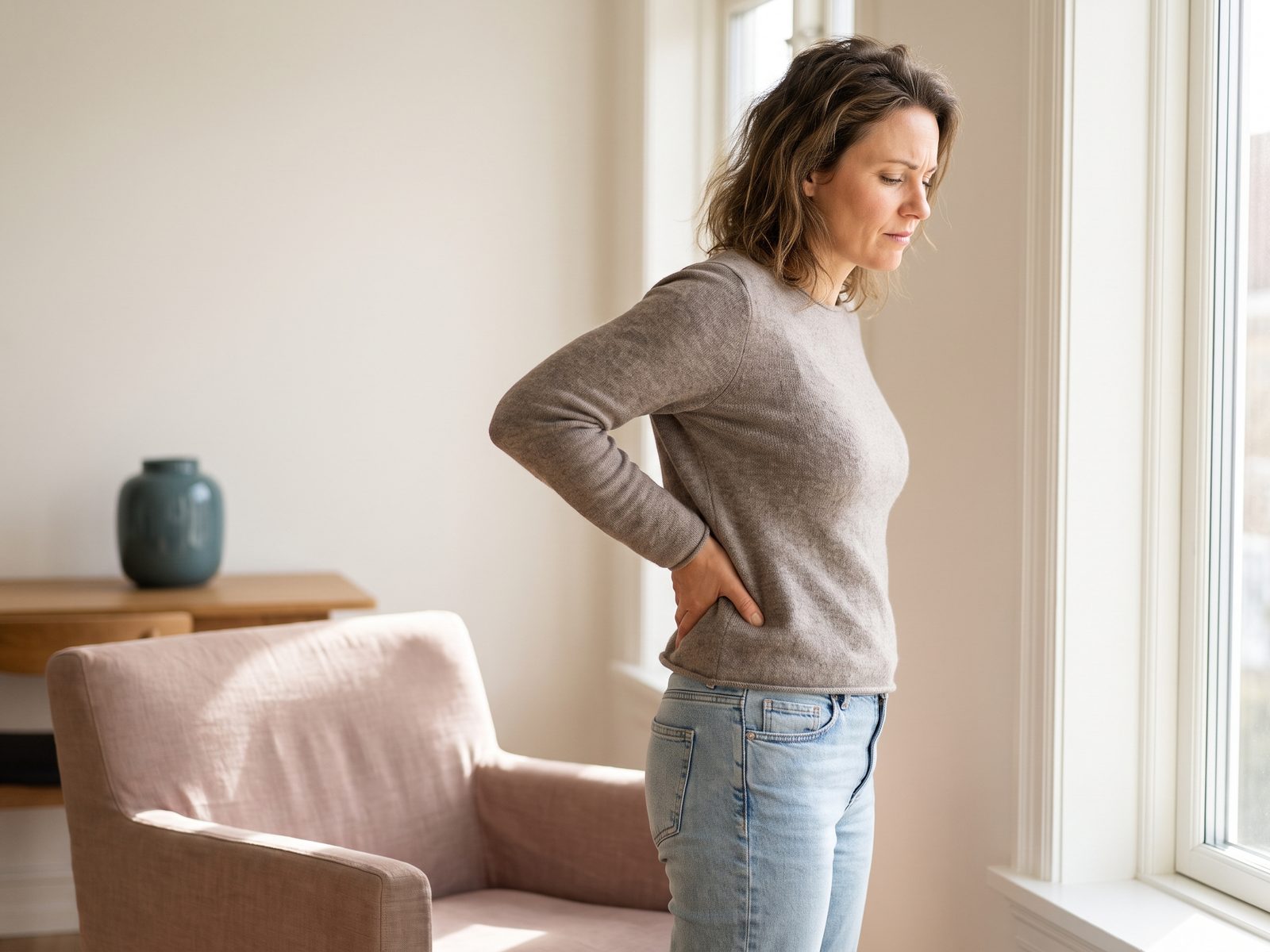 Person in a grey shirt standing with one hand pressed against their lower back