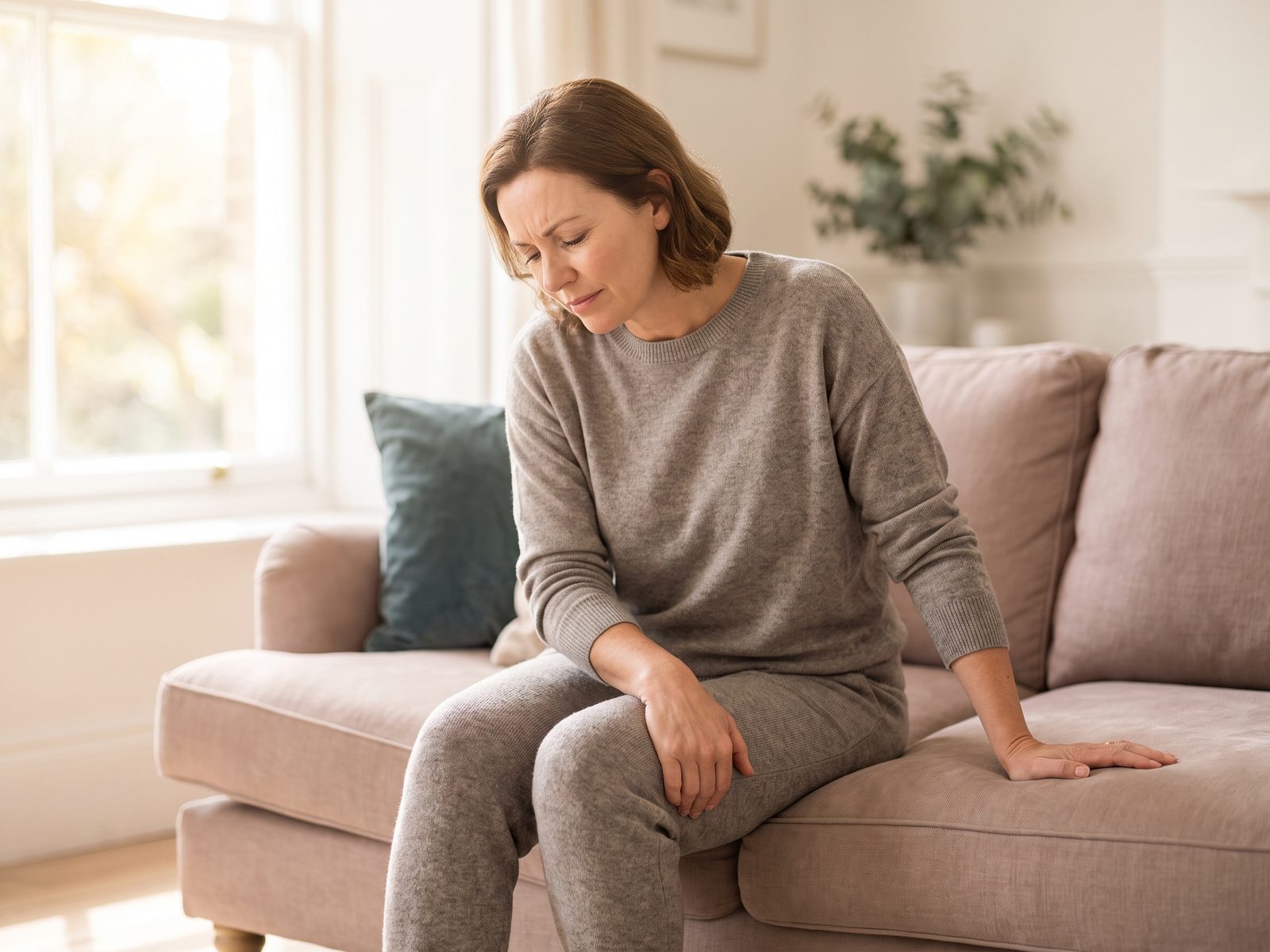 Seated person leaning forward with a hand on their thigh, uncomfortable